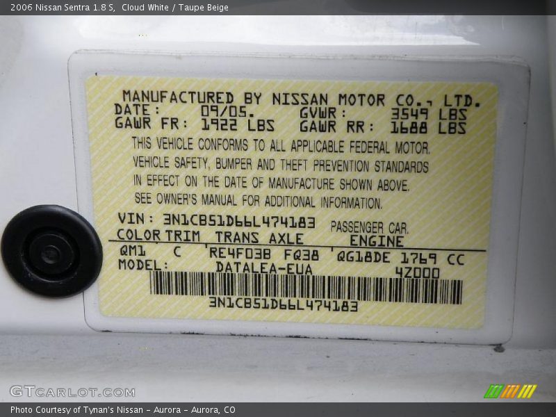 Cloud White / Taupe Beige 2006 Nissan Sentra 1.8 S