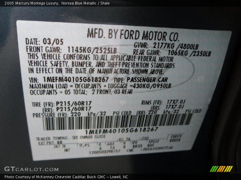 Norsea Blue Metallic / Shale 2005 Mercury Montego Luxury