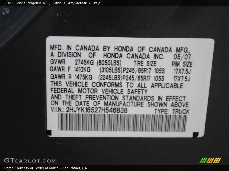 Nimbus Grey Metallic / Gray 2007 Honda Ridgeline RTL