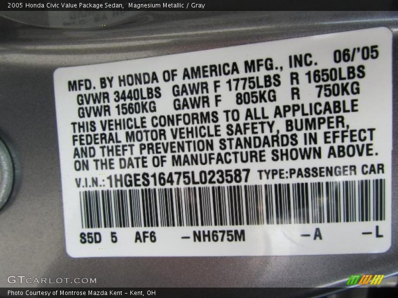 Magnesium Metallic / Gray 2005 Honda Civic Value Package Sedan