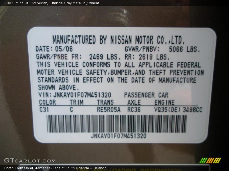 Umbria Gray Metallic / Wheat 2007 Infiniti M 35x Sedan