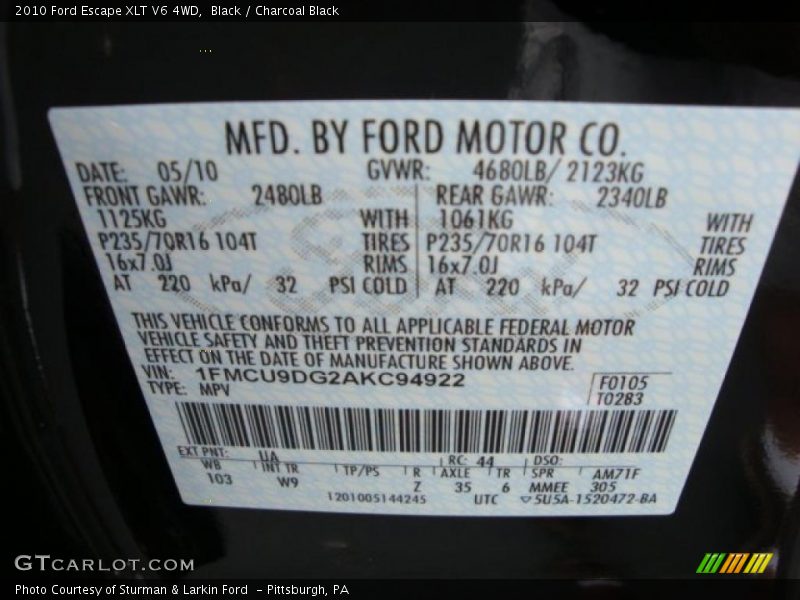 Black / Charcoal Black 2010 Ford Escape XLT V6 4WD