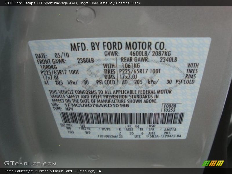 Ingot Silver Metallic / Charcoal Black 2010 Ford Escape XLT Sport Package 4WD