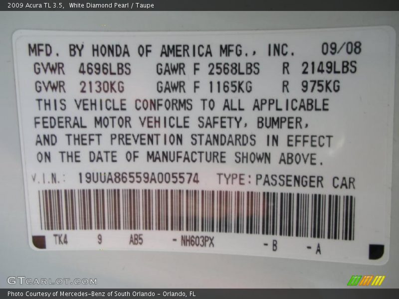 White Diamond Pearl / Taupe 2009 Acura TL 3.5