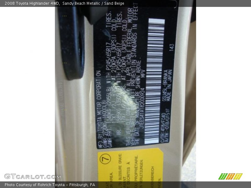 Sandy Beach Metallic / Sand Beige 2008 Toyota Highlander 4WD
