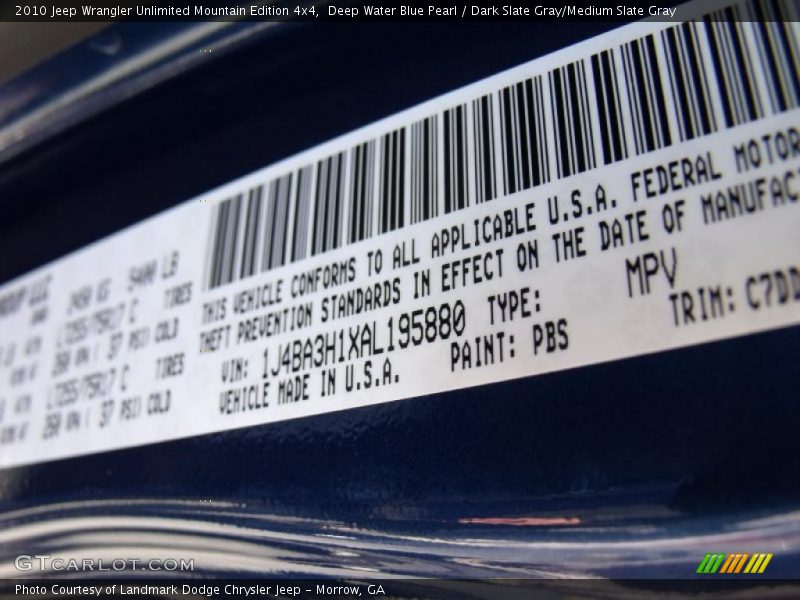 Deep Water Blue Pearl / Dark Slate Gray/Medium Slate Gray 2010 Jeep Wrangler Unlimited Mountain Edition 4x4
