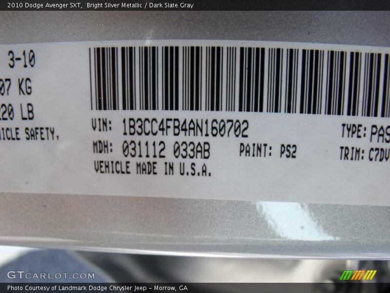 Bright Silver Metallic / Dark Slate Gray 2010 Dodge Avenger SXT