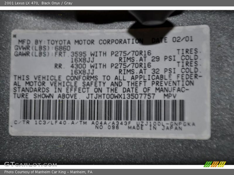 Black Onyx / Gray 2001 Lexus LX 470