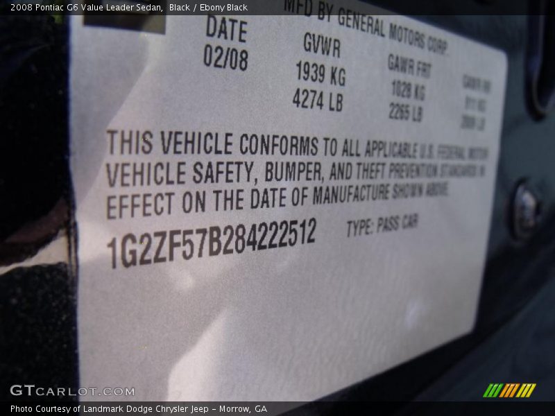 Black / Ebony Black 2008 Pontiac G6 Value Leader Sedan