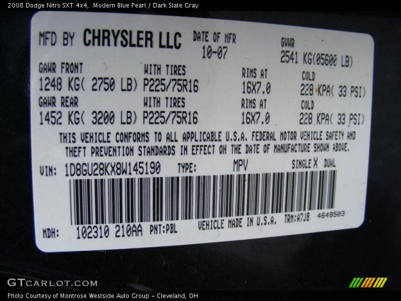 Modern Blue Pearl / Dark Slate Gray 2008 Dodge Nitro SXT 4x4