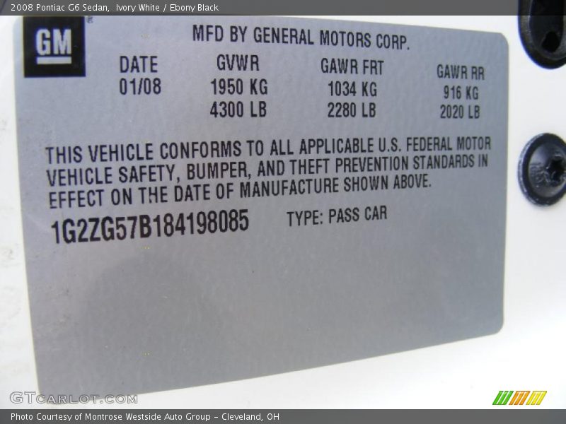 Ivory White / Ebony Black 2008 Pontiac G6 Sedan