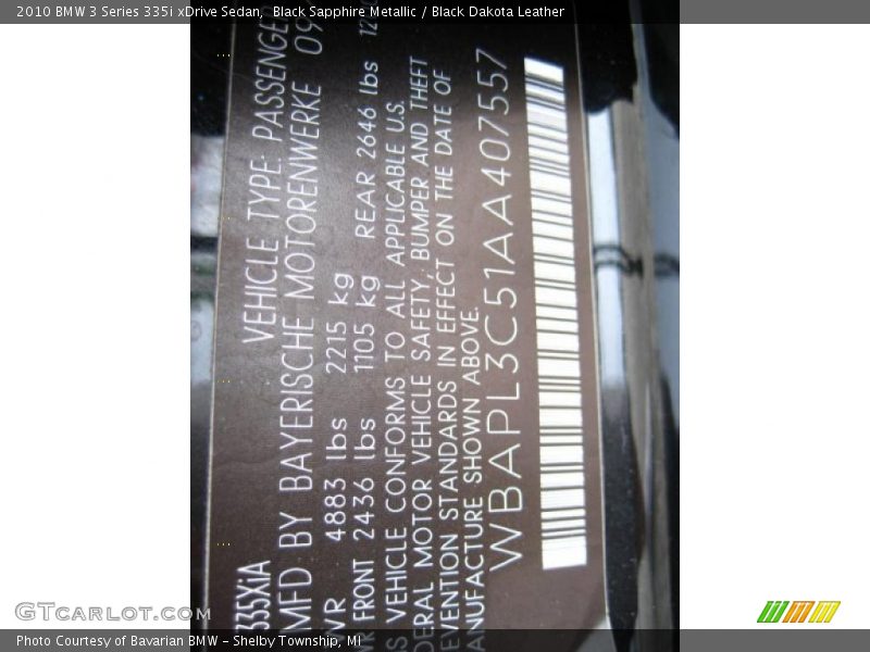 Black Sapphire Metallic / Black Dakota Leather 2010 BMW 3 Series 335i xDrive Sedan
