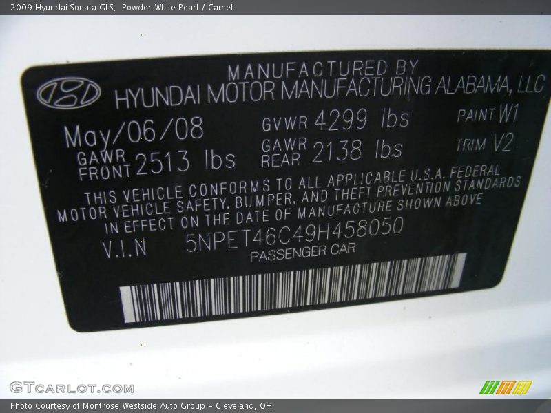 Powder White Pearl / Camel 2009 Hyundai Sonata GLS