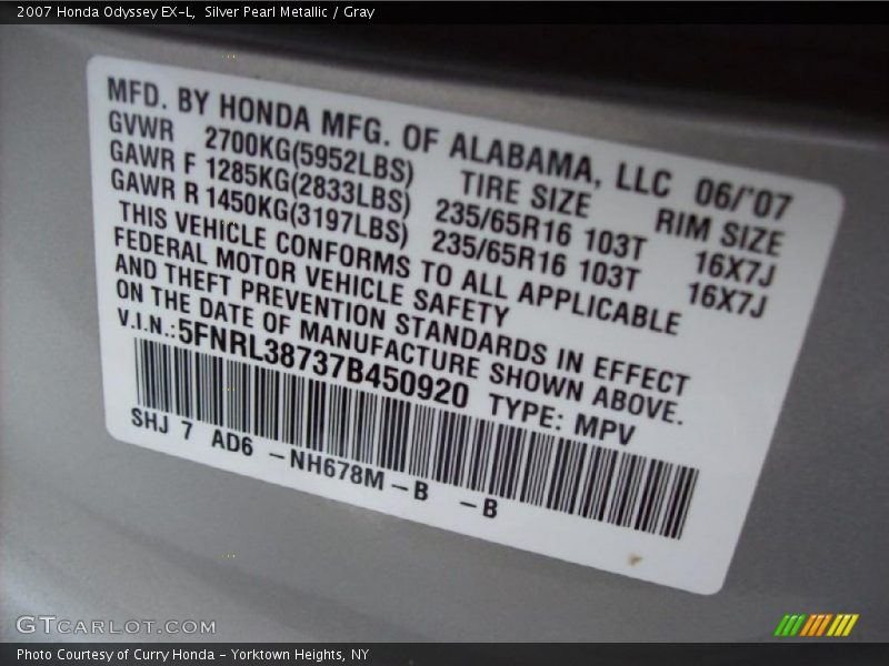 Silver Pearl Metallic / Gray 2007 Honda Odyssey EX-L