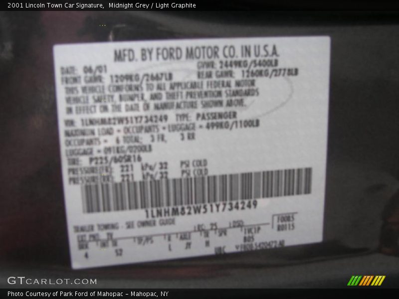 Midnight Grey / Light Graphite 2001 Lincoln Town Car Signature