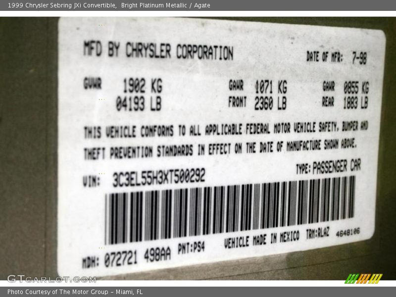 1999 Sebring JXi Convertible Bright Platinum Metallic Color Code PS4