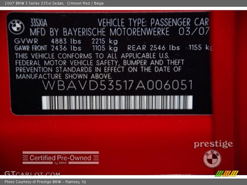 Crimson Red / Beige 2007 BMW 3 Series 335xi Sedan
