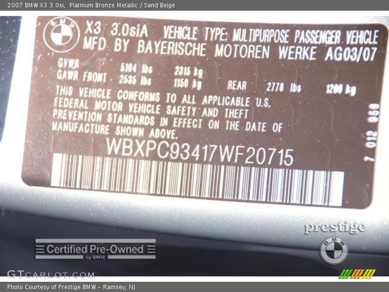 Platinum Bronze Metallic / Sand Beige 2007 BMW X3 3.0si