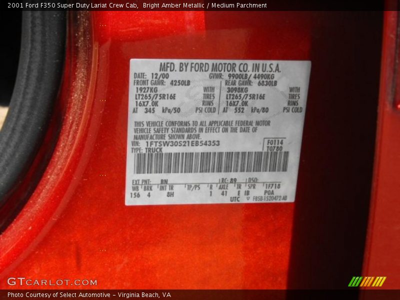 Bright Amber Metallic / Medium Parchment 2001 Ford F350 Super Duty Lariat Crew Cab