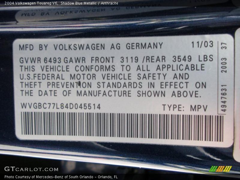 Shadow Blue Metallic / Anthracite 2004 Volkswagen Touareg V6