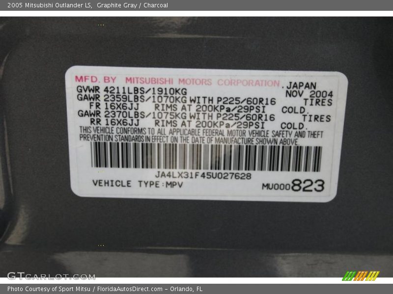 Graphite Gray / Charcoal 2005 Mitsubishi Outlander LS