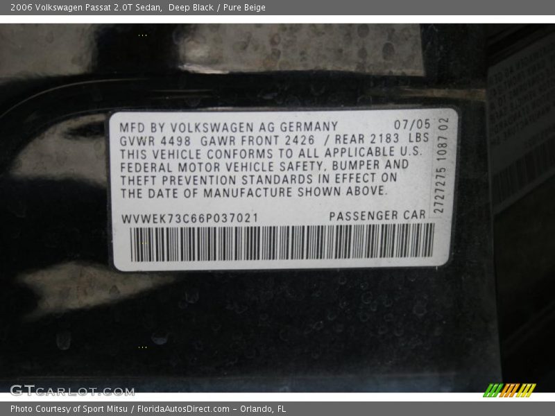 Deep Black / Pure Beige 2006 Volkswagen Passat 2.0T Sedan