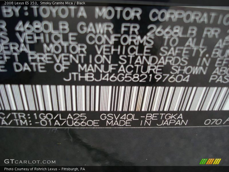 Smoky Granite Mica / Black 2008 Lexus ES 350