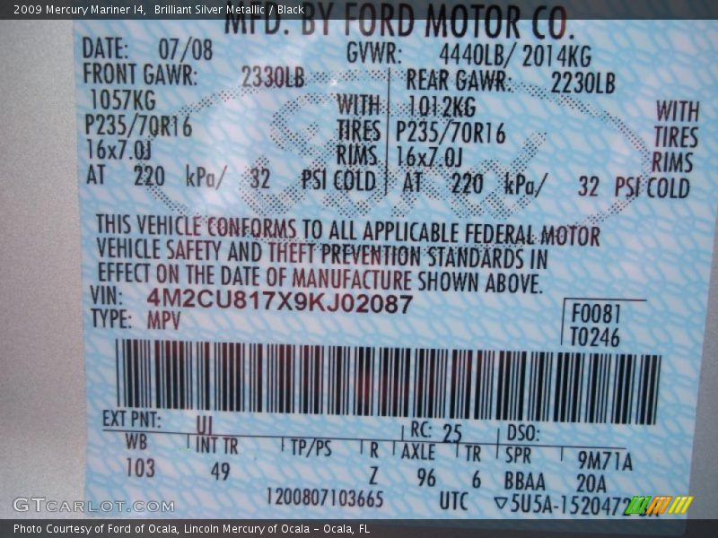 Brilliant Silver Metallic / Black 2009 Mercury Mariner I4