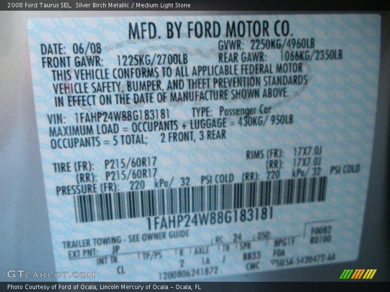 Silver Birch Metallic / Medium Light Stone 2008 Ford Taurus SEL