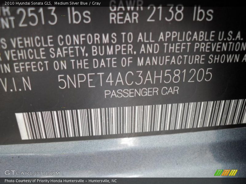 Medium Silver Blue / Gray 2010 Hyundai Sonata GLS