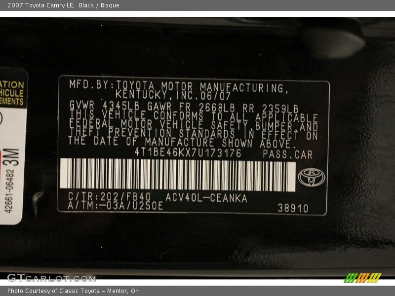 Black / Bisque 2007 Toyota Camry LE