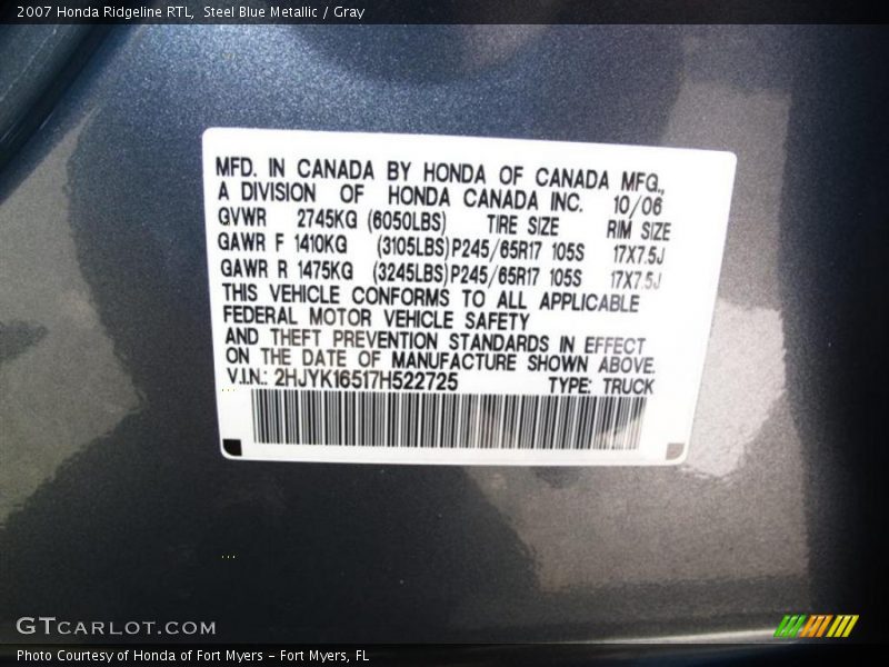 Steel Blue Metallic / Gray 2007 Honda Ridgeline RTL