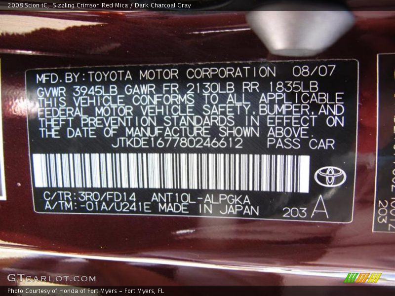 Sizzling Crimson Red Mica / Dark Charcoal Gray 2008 Scion tC