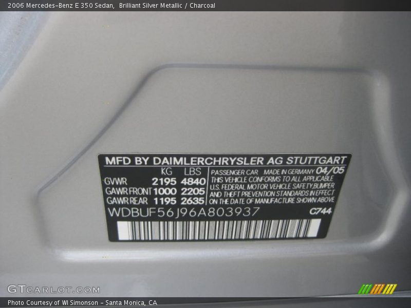 Brilliant Silver Metallic / Charcoal 2006 Mercedes-Benz E 350 Sedan
