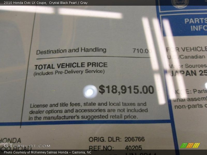 Crystal Black Pearl / Gray 2010 Honda Civic LX Coupe
