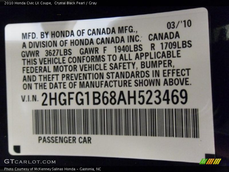Crystal Black Pearl / Gray 2010 Honda Civic LX Coupe