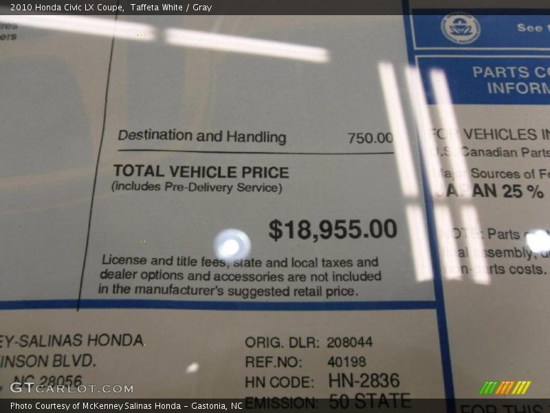 Taffeta White / Gray 2010 Honda Civic LX Coupe