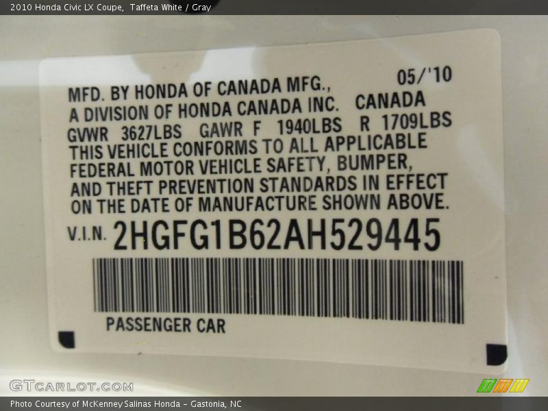 Taffeta White / Gray 2010 Honda Civic LX Coupe