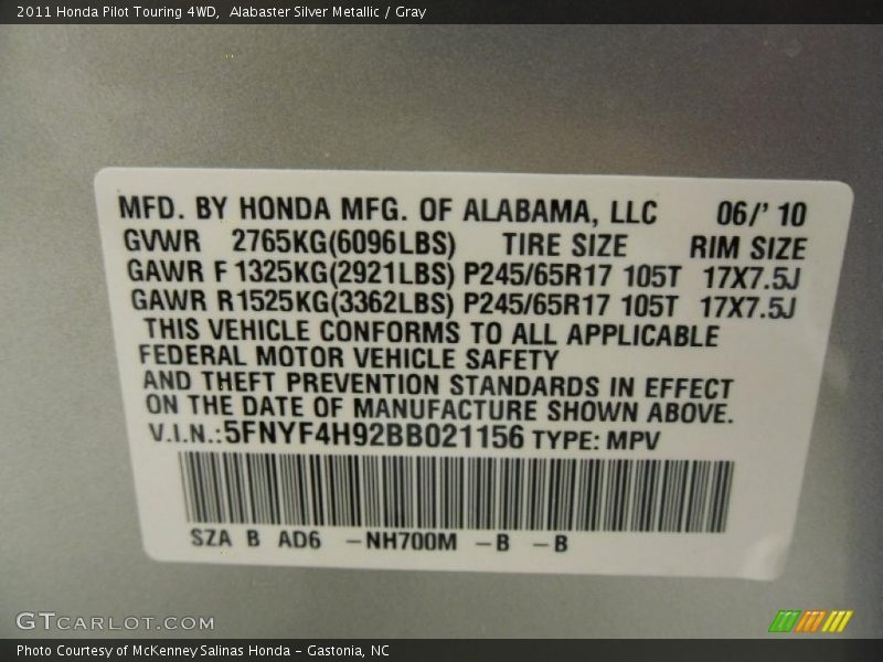 Alabaster Silver Metallic / Gray 2011 Honda Pilot Touring 4WD