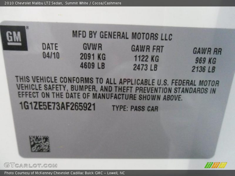 Summit White / Cocoa/Cashmere 2010 Chevrolet Malibu LTZ Sedan