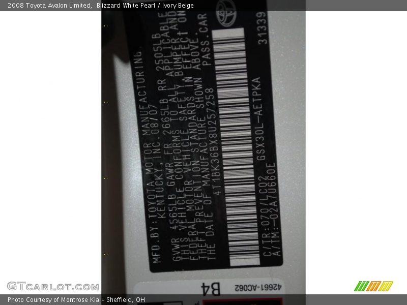 Blizzard White Pearl / Ivory Beige 2008 Toyota Avalon Limited