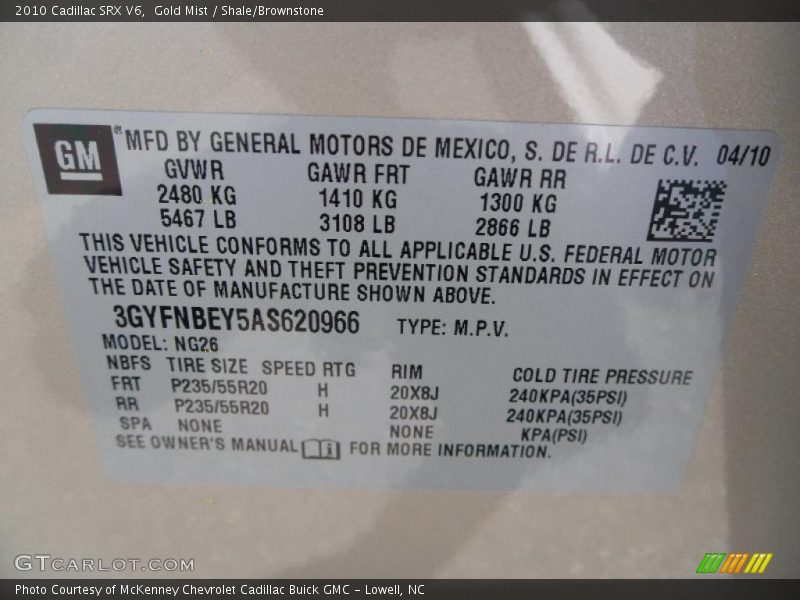 Gold Mist / Shale/Brownstone 2010 Cadillac SRX V6