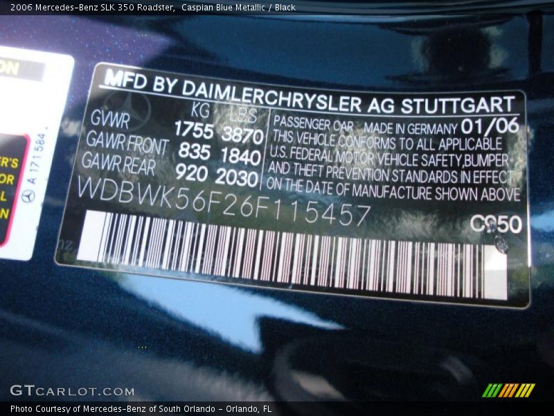 Caspian Blue Metallic / Black 2006 Mercedes-Benz SLK 350 Roadster