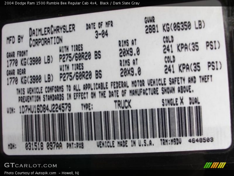 Black / Dark Slate Gray 2004 Dodge Ram 1500 Rumble Bee Regular Cab 4x4