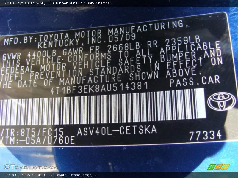 Blue Ribbon Metallic / Dark Charcoal 2010 Toyota Camry SE