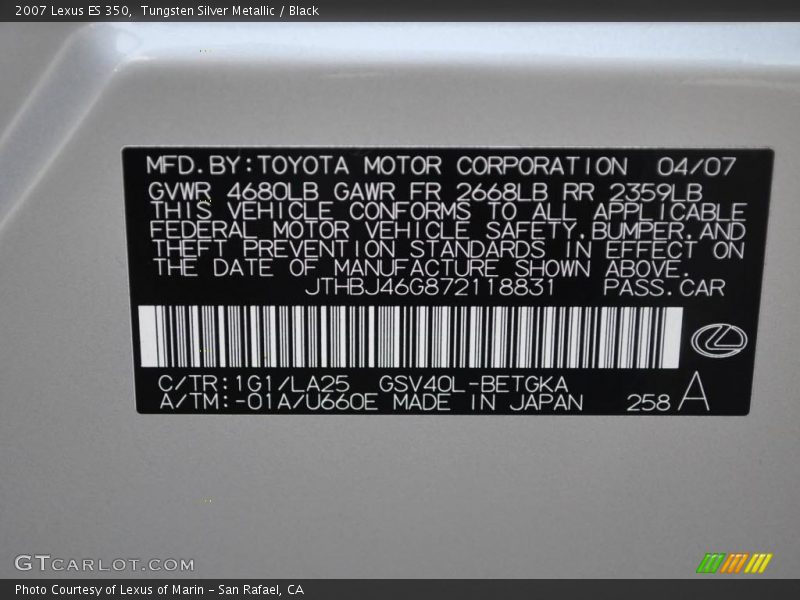 Tungsten Silver Metallic / Black 2007 Lexus ES 350