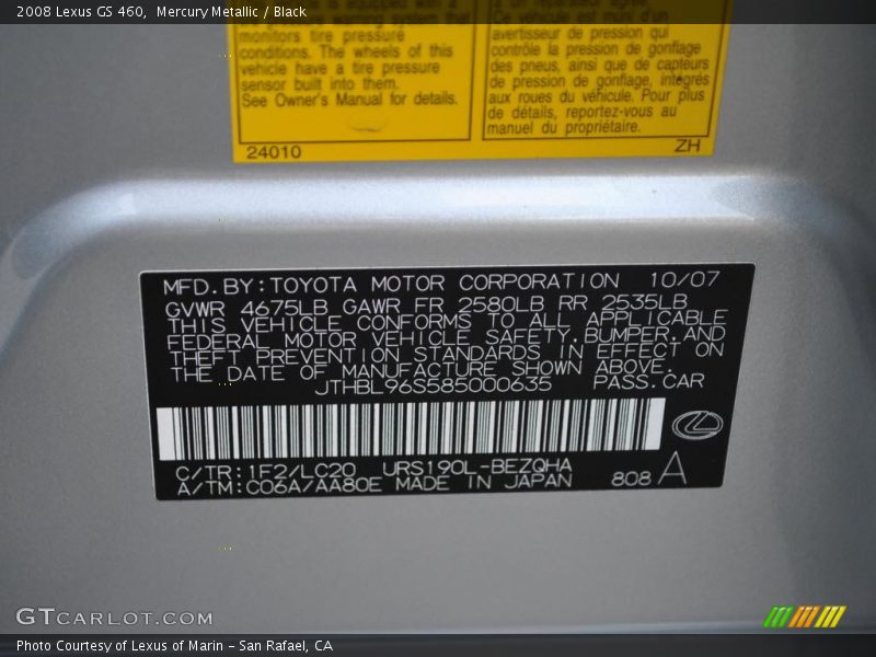 Mercury Metallic / Black 2008 Lexus GS 460