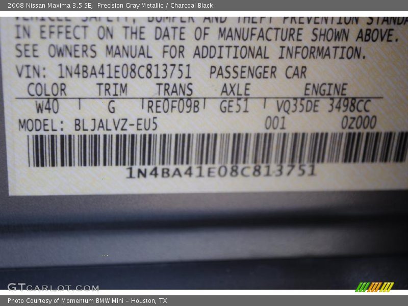 Precision Gray Metallic / Charcoal Black 2008 Nissan Maxima 3.5 SE