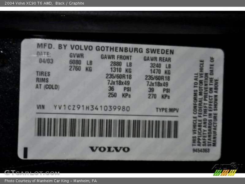 Black / Graphite 2004 Volvo XC90 T6 AWD