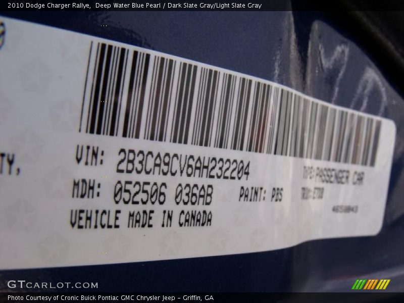 Deep Water Blue Pearl / Dark Slate Gray/Light Slate Gray 2010 Dodge Charger Rallye